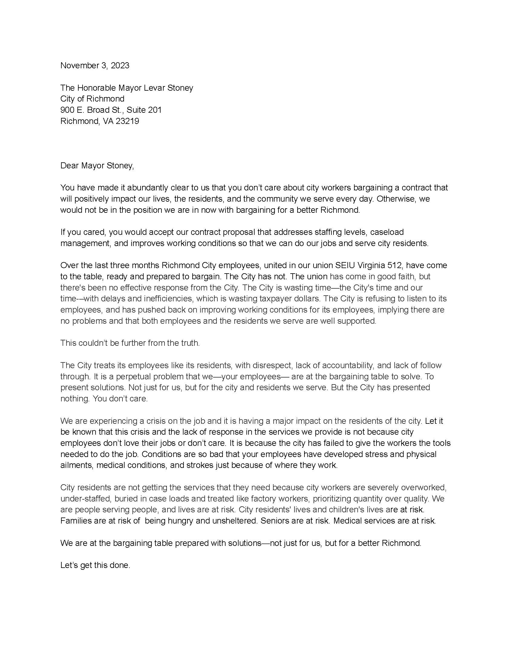  letter below to Mayor Stoney from the Bargaining Team and SEIU Virginia 512 President LaNoral Thomas